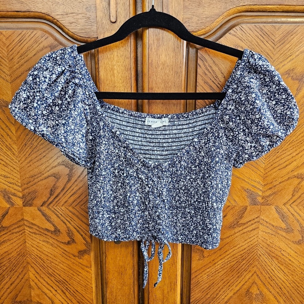 Aeropostale Navy Blue Ditsy Floral‎ Smocked Puff Sleeve Crop Top Medium